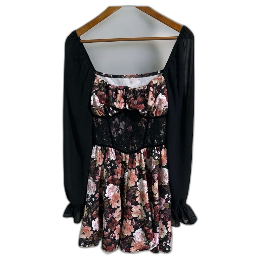 Floral Puff Sleeve Mini Dress Medium Lace Bodice Cottagecore Skater Unbranded